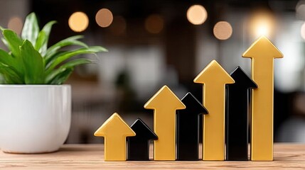 Graphical representation of growth displayed with black and gold arrows alongside a green plant in a modern workspace setting
