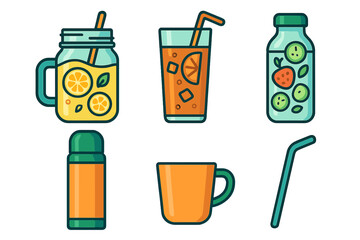 Refreshing summer drinks and reusable beverage containers icon collection