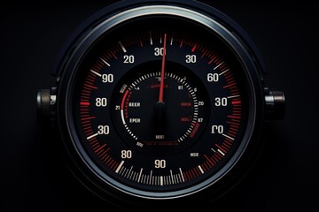 Vintage analog gauge with multiple scales and red needle indicating measurements on a dark background