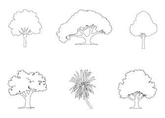 Obraz premium Collection of six hand drawn black and white line art illustrations of various tree species and styles
