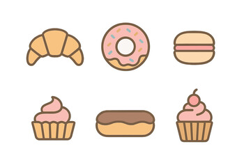 Sweet bakery treats assortment including croissant donut macaron eclair and cupcakes