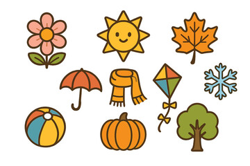 Adorable seasonal icons and weather elements in a simple hand-drawn style