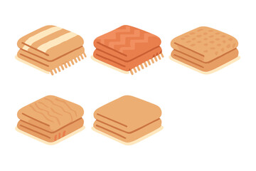 Collection of folded blankets and throws with various patterns in warm colors for home comfort