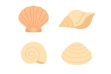 Various seashells and marine mollusk shells in soft pastel colors