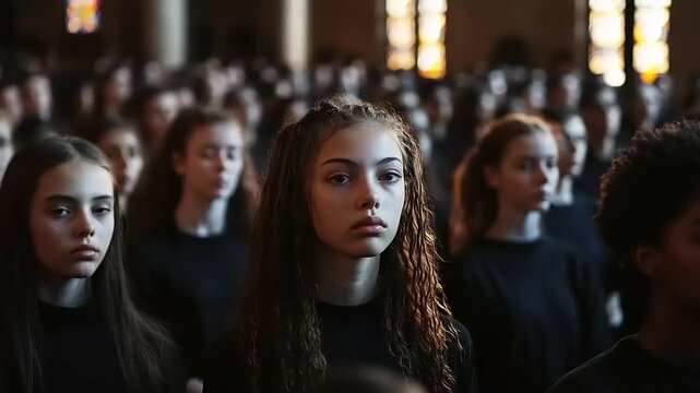Young people standing together in dark attire within a large interior space