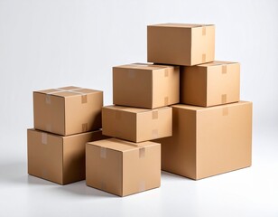 Fototapeta premium Isolated stack of brown shipping cartons on white, perfect for emphasizing packaging and clean product presentation. Stacking Present birthday box and brown box in white background and for industry