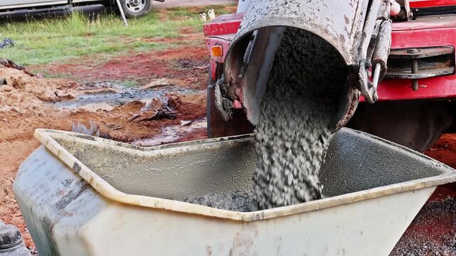 Construction of building, wet cement was being discharged from cement truck chute into wheelbarrow track concrete buggy