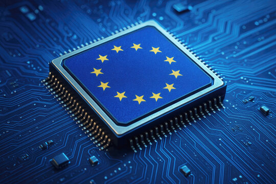 EU Flag Microchip on a Blue Circuit Board with Glowing Traces European Union processor