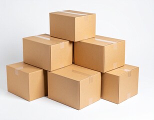 Fototapeta premium Isolated stack of brown shipping cartons on white, perfect for emphasizing packaging and clean product presentation. Stacking Present birthday box and brown box in white background and for industry