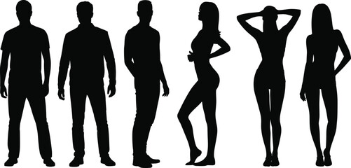Flat vector illustration of male and female standing silhouettes, diverse poses, body language, fashion stance, black figure art, posture design