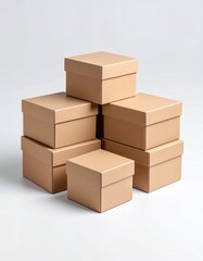Fototapeta premium Isolated stack of brown shipping cartons on white, perfect for emphasizing packaging and clean product presentation. Stacking Present birthday box and brown box in white background and for industry