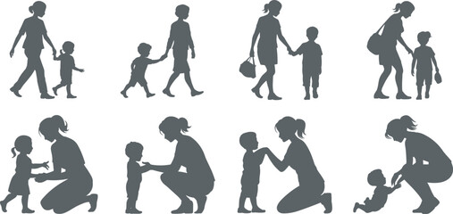 Mother and child silhouette, parenting moments, family bonding, nurturing care, emotional connection, walking, playing, comforting, flat vector illustration