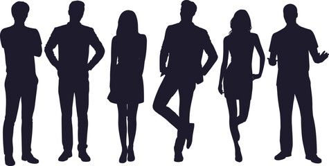 Silhouette people standing in casual and formal poses, fashion posture collection, minimal flat vector illustration for design, modeling, and concept art