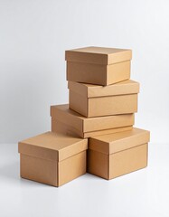 Fototapeta premium Isolated stack of brown shipping cartons on white, perfect for emphasizing packaging and clean product presentation. Stacking Present birthday box and brown box in white background and for industry