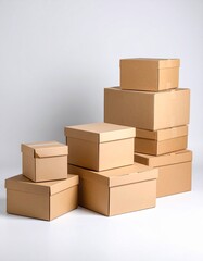Isolated stack of brown shipping cartons on white, perfect for emphasizing packaging and clean product presentation. Stacking Present birthday box and brown box in white background and for industry