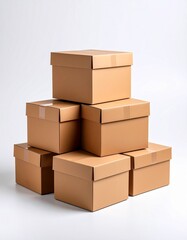 Isolated stack of brown shipping cartons on white, perfect for emphasizing packaging and clean product presentation. Stacking Present birthday box and brown box in white background and for industry