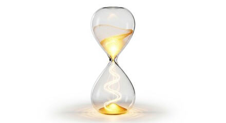 hourglass pouring glowing golden light instead of sand, isolated on white background, concept of time and energy