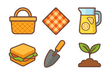 Summer picnic and gardening elements including basket, lemonade, sandwich, and sprout