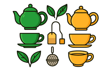 Collection of traditional and modern tea accessories including teapots, cups, and fresh green leaves