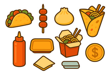 Popular street food and quick meal items including taco, dumpling, and noodle box