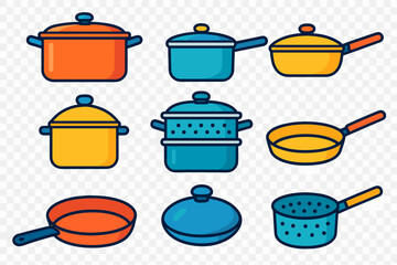 Vibrant collection of kitchen cooking utensils and equipment including pots, pans, and steamer