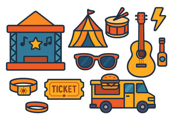 Naklejka premium Elements of a music festival and outdoor concert including stage, instruments, food truck, and ticket