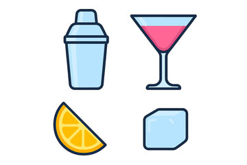 Collection of bar accessories including cocktail shaker, martini glass, citrus fruit, and ice