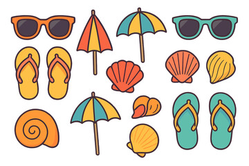 Colorful summer beach accessories pattern with sunglasses, flip flops, umbrellas, and seashells