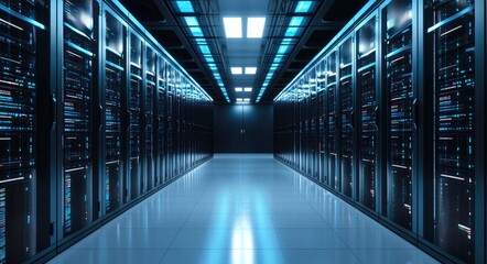Fototapeta premium Modern IT data center hallway with rows of blue illuminated server racks, ideal for cloud technology presentations, digital infrastructure ads, or AI business backgrounds