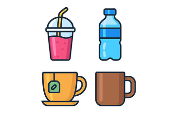Colorful beverage symbols featuring cold drink, bottled water, hot tea, and coffee mug