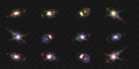 Colorful lens flare set. Bright rainbow light effects, glowing flashes, optical glare and star bursts on transparent background.
