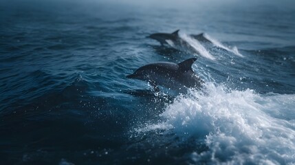 Naklejka premium A pod of dolphins leaps energetically from the dark choppy ocean waves
