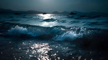 Obraz premium Serene ocean waves gently roll towards the shore under a twilight sky with distant boats silhouetted on the horizon