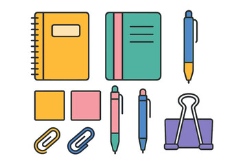 Vibrant collection of essential stationery items including notebooks pens and paper clips