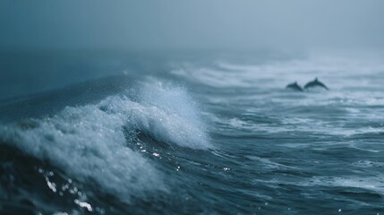 Naklejka premium A moody misty ocean scene with waves breaking and two dolphins jumping in the distance