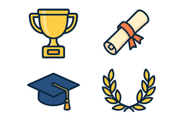 Academic success and award symbols including trophy, diploma, graduation cap, and laurel wreath
