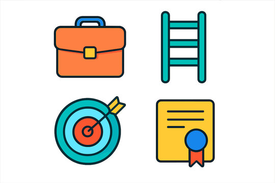 Briefcase, career ladder, target goal, and achievement certificate symbols for business success