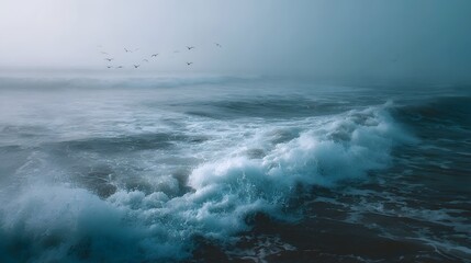 Fototapeta premium Misty ocean waves crash under a foggy sky with a flock of seagulls flying in the distance