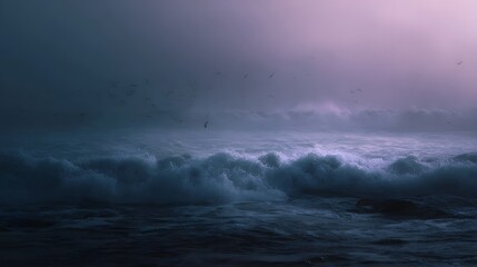 Naklejka premium Dramatic seascape with crashing ocean waves and a flock of seagulls flying through a foggy twilight sky
