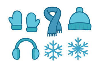 Flat design collection of blue winter accessories including hat scarf mittens and snowflakes