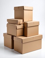 Isolated stack of brown shipping cartons on white, perfect for emphasizing packaging and clean product presentation. Stacking Present birthday box and brown box in white background and for industry