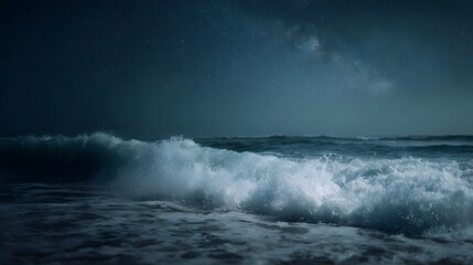 Naklejka premium A powerful ocean wave crashes on the shore under a vast starry night sky with the Milky Way visible above the dark sea
