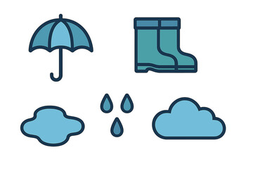 Collection of essential items and elements for protection against rainy weather conditions