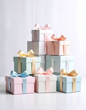 Isolated stack of brown shipping cartons on white, perfect for emphasizing packaging and clean product presentation. Stacking Present birthday box and brown box in white background and for industry