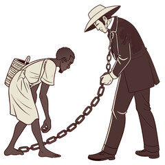 Man in suit and hat chains a person carrying a basket symbolizing oppression and historical injustice