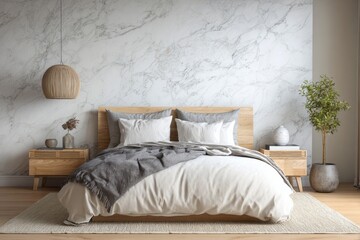 Cozy bedroom with neutral bedding and modern marble wall.