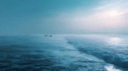Obraz premium A serene and tranquil hazy ocean seascape at dawn with distant boats navigating gentle waves under a soft atmospheric sky