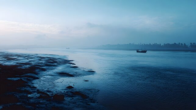 Serene misty morning landscape over a calm river featuring distant boats exposed muddy shores and a hazy treeline on the horizon