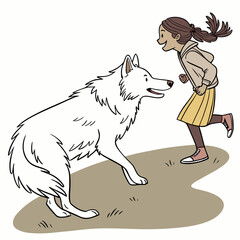 Happy young girl with brown hair running and playing with a large white dog outdoors