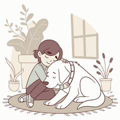 Young girl hugging her beloved white dog on a rug indoors with plants and window in background